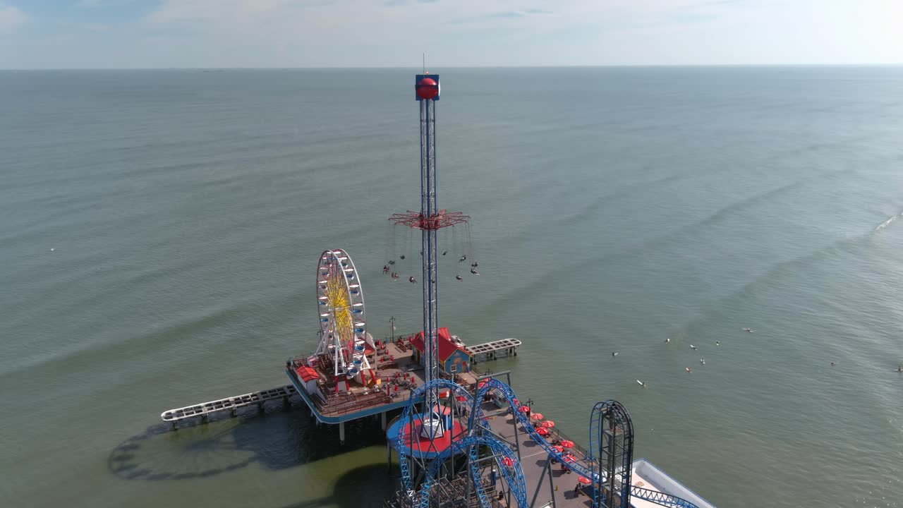 Aerial view of Pier off the coastal area of Galveston Island Texas