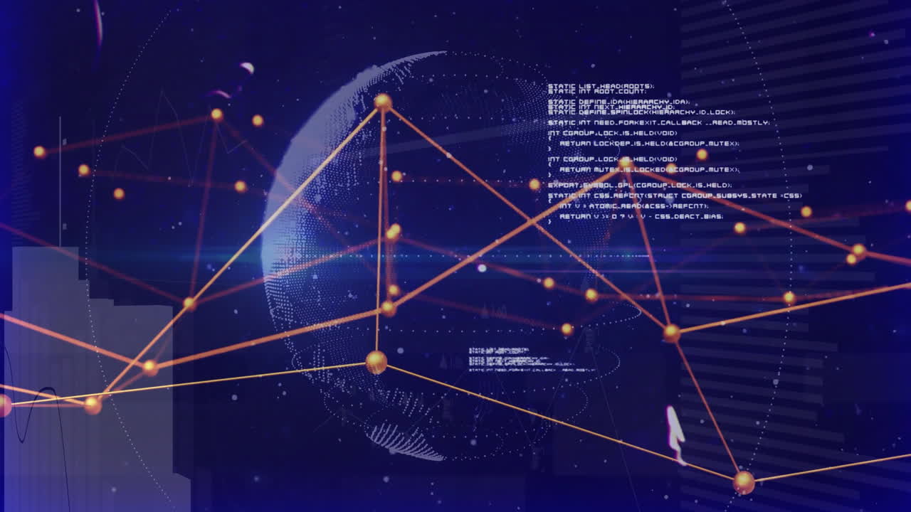 Global network connections and data processing over digital globe animation