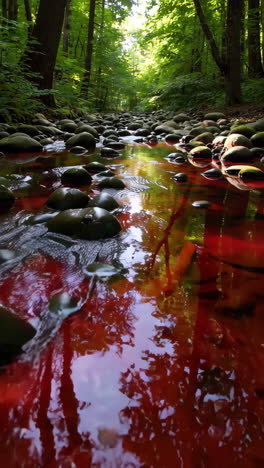 red water stream in a lush forest