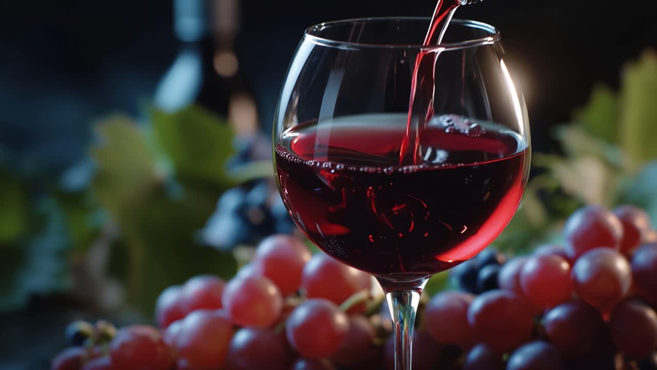 Red wine pours into a crystal glass. Grapes cluster softly in warm, dim light. Glass reflects the liquid's rich, deep hue. Background hints at vineyard stillness. Sensual moment, inviting, tranquil