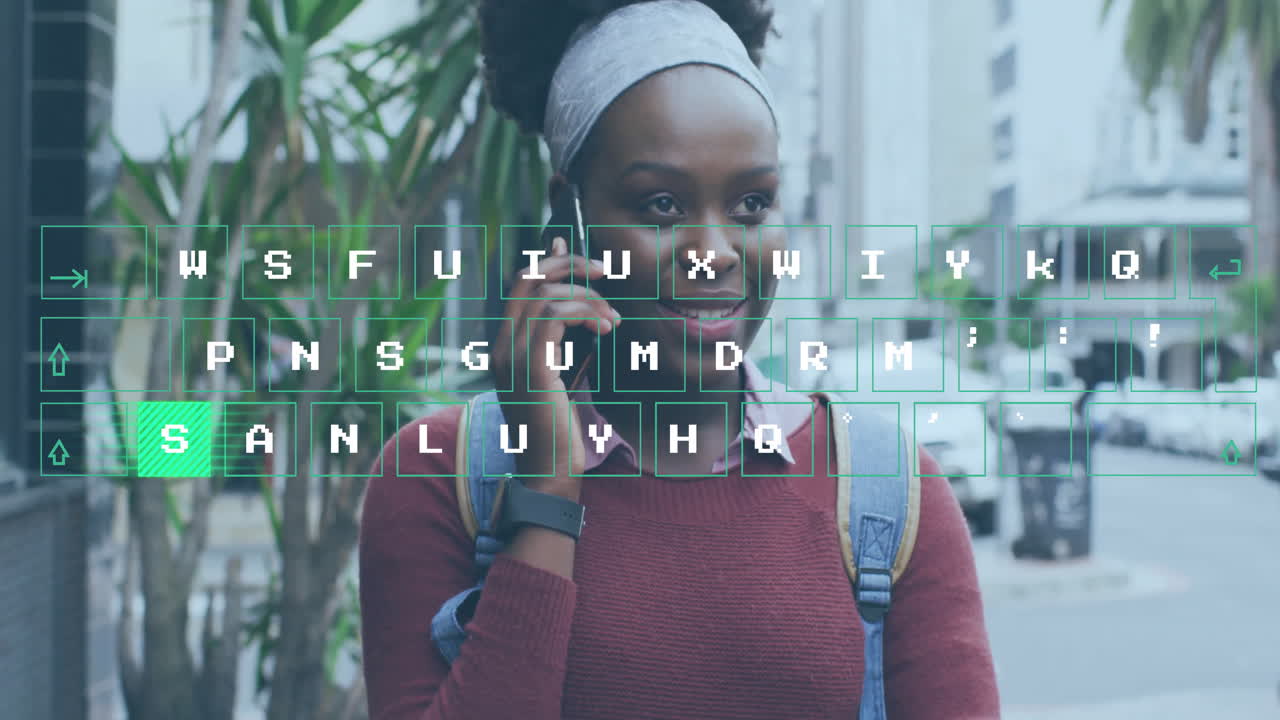 Talking on phone, woman with animation of digital text overlay in background