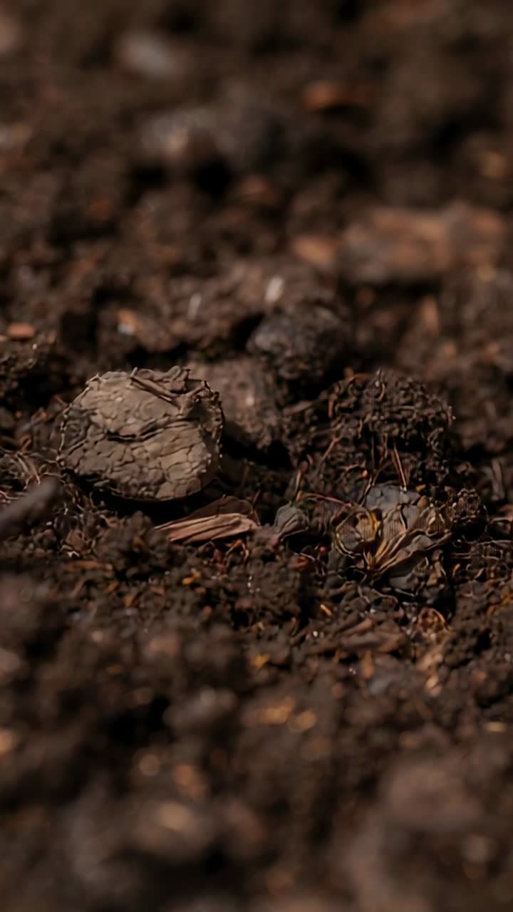 Video verticale: cambio di angolazione della camera che rivela terriccio ruvido intorno a un pellet crepato e a dei sassolini