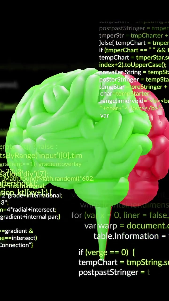 Animation of human brain and data processing over black background