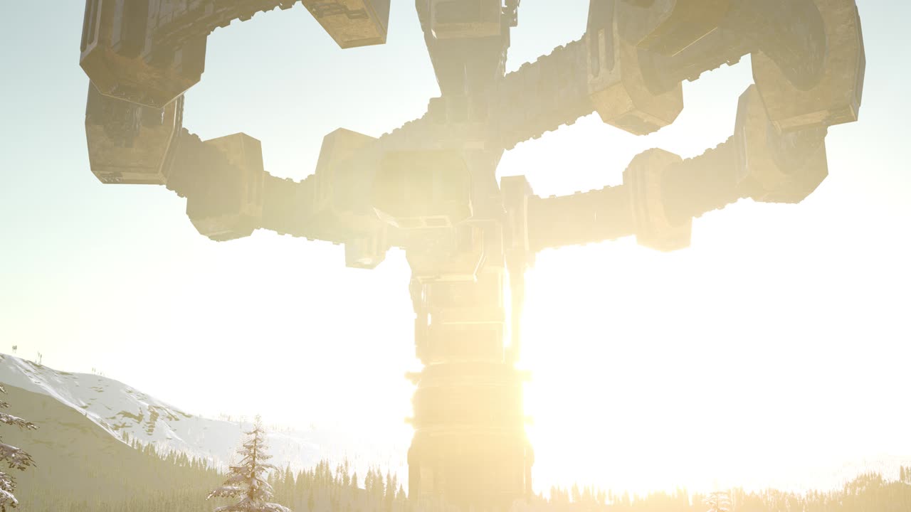 해가 지면서 숲 위를 떠다니는 ufo와 함께 빛의  ⁇