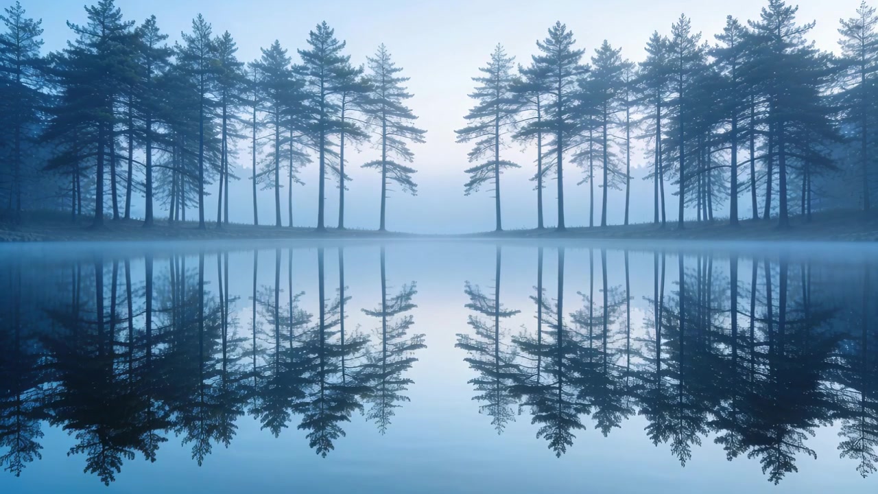 Rippling water nudging conifer treeline reflection shifting at lakeshore, mist drifting