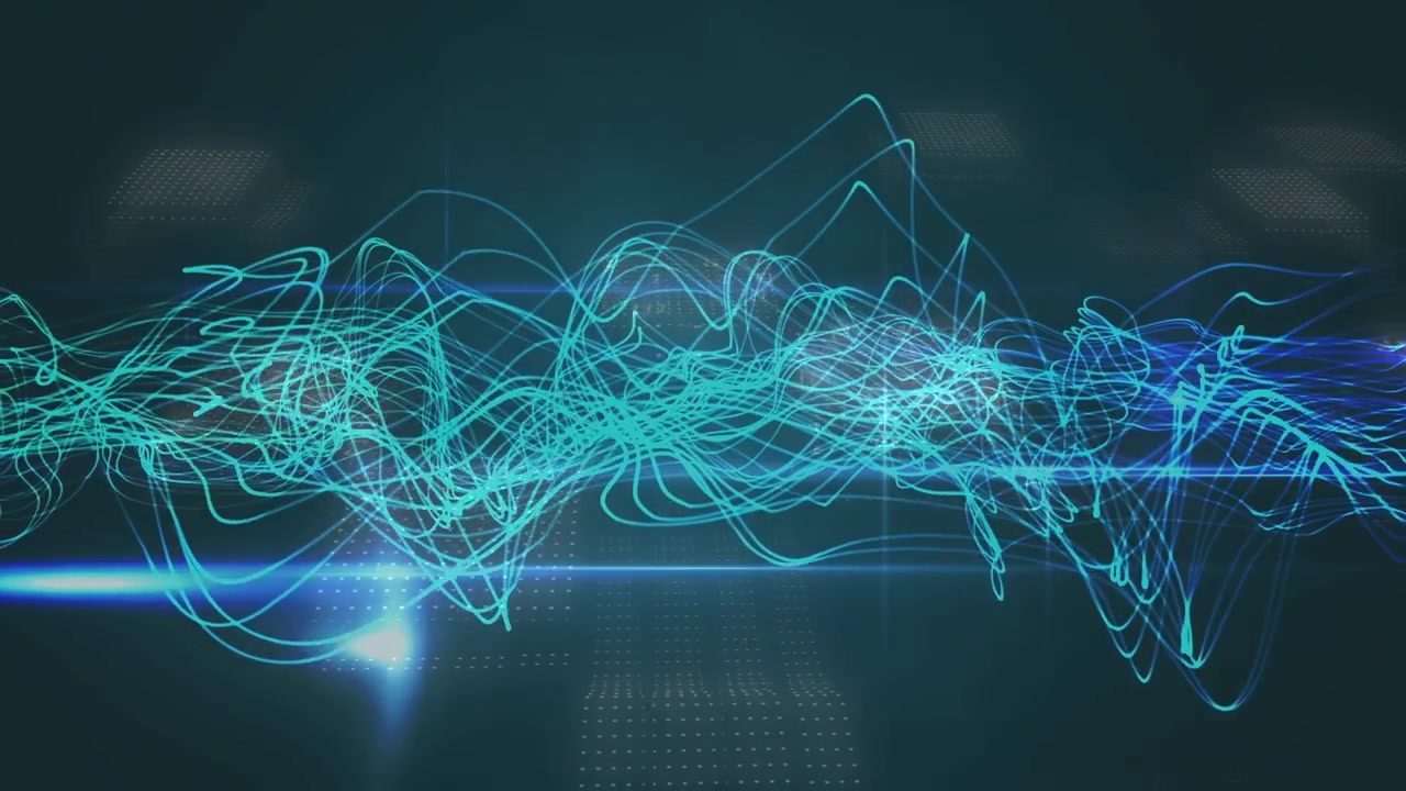 Animation of digital waves and blue light trails over data processing against grey background
