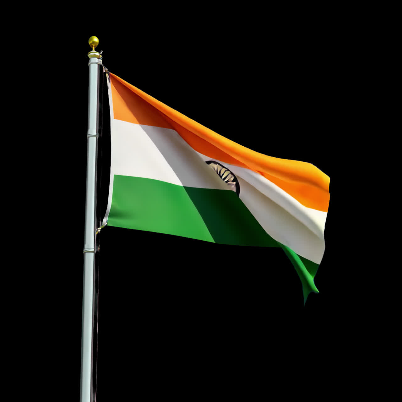 Indian flag waving proudly skyward animation isolated asset, transparent 4K video, alpha channel