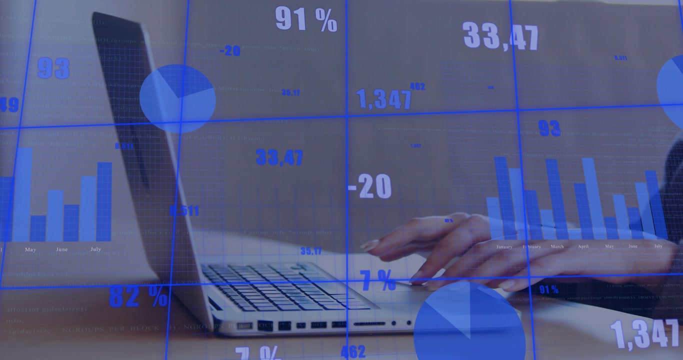 Finance analyst typing report after animated charts fading in and rotating laptop