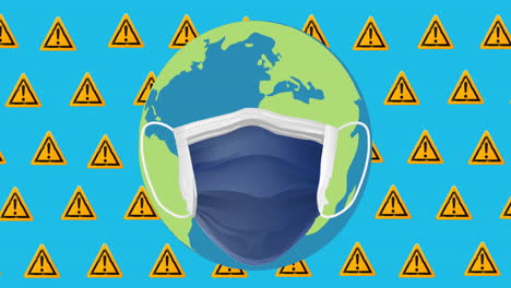 animation of earth with face mask and warning icons on blue background