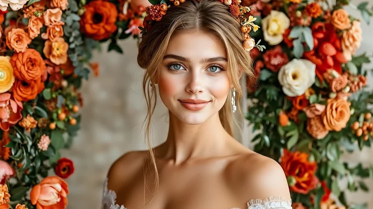 una mujer en un vestido de novia con una corona de flores en la cabeza