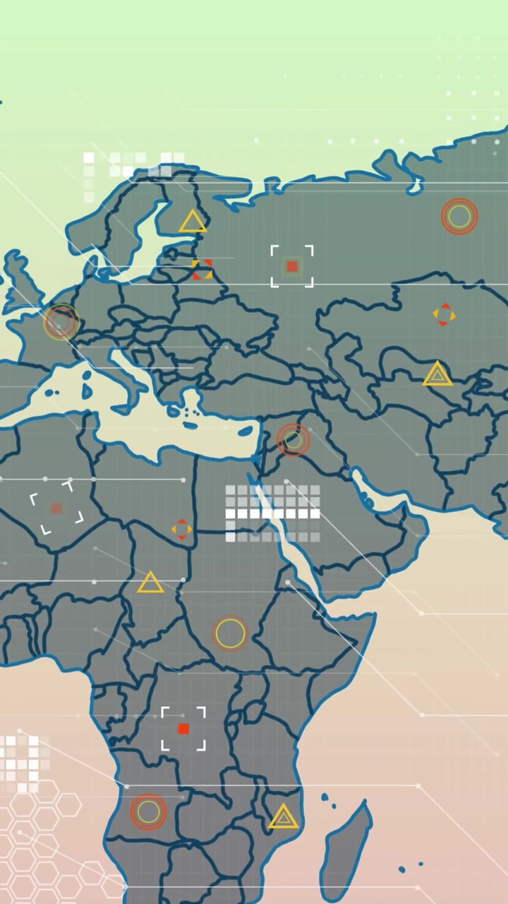 Animation of data processing over world map against pink and green gradient background