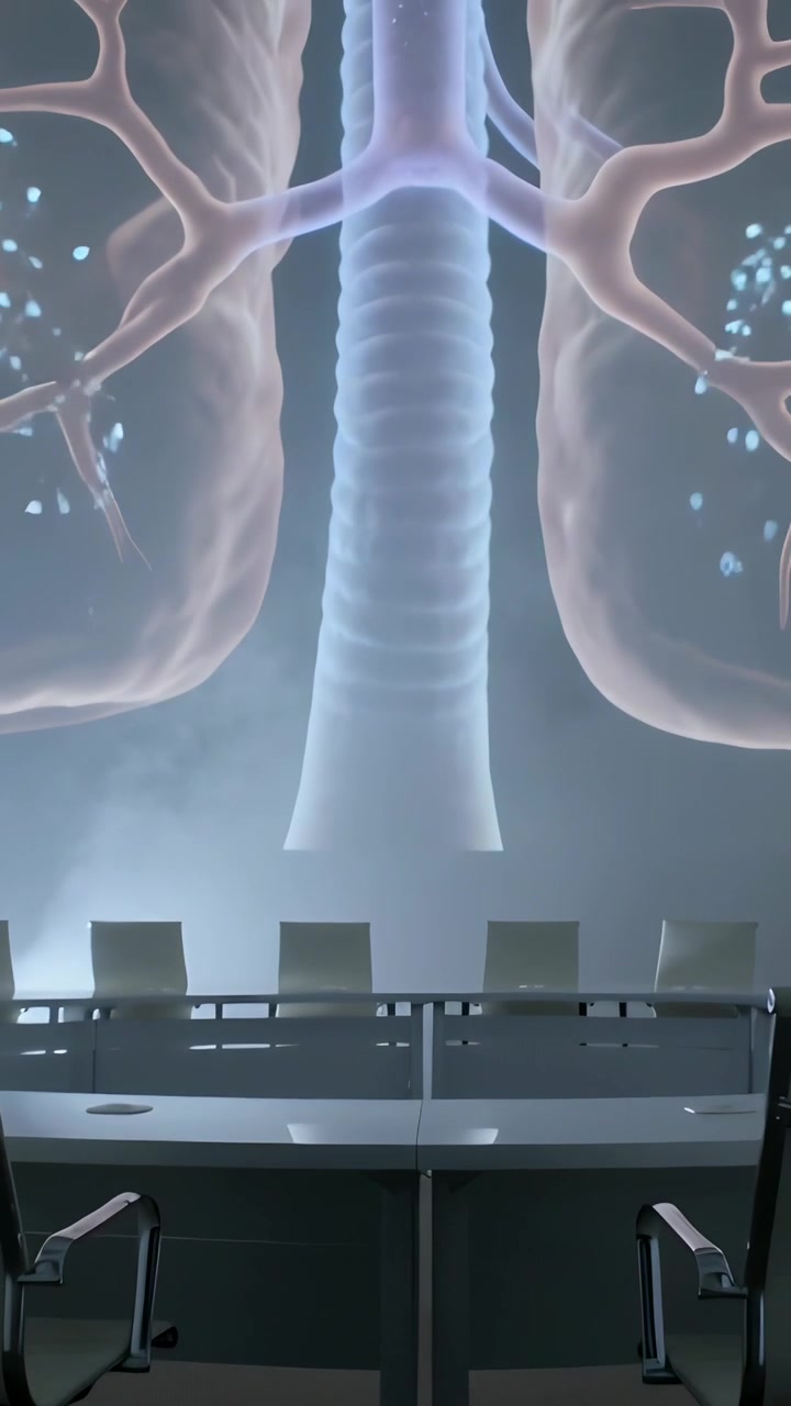 Vertical video: Panning camera revealing lit trachea, lungs display in boardroom for presentation