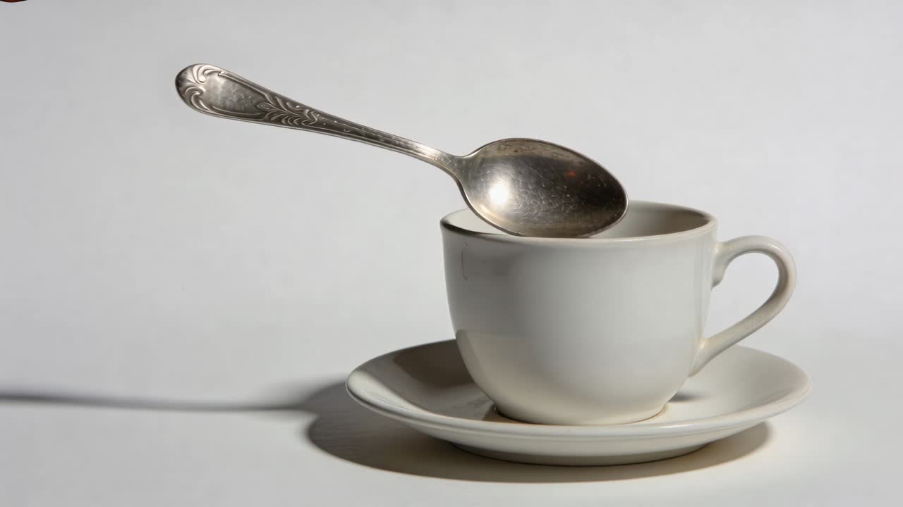 Une cuillère à café en argent s'abaisse depuis le coin supérieur gauche, glissant dans une tasse de thé blanche posée sur une soucoupe sur une table, pour s'y reposer.