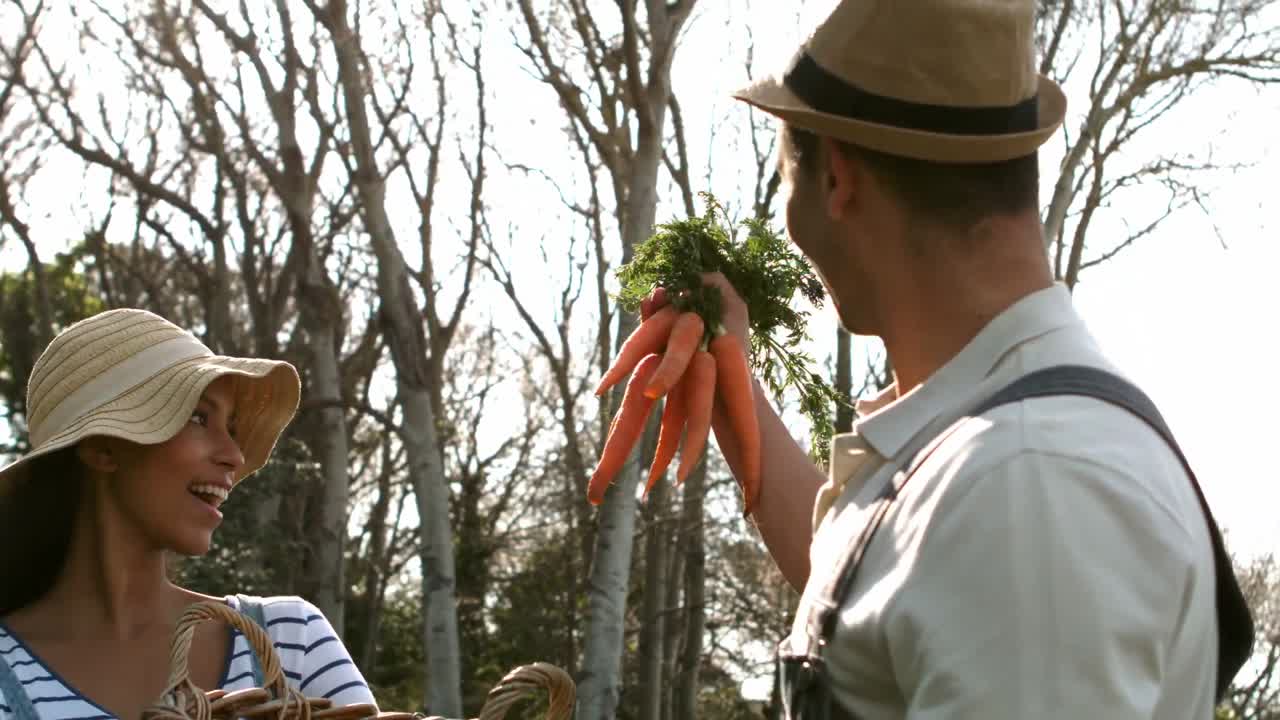 una joven pareja feliz con una caja de verduras