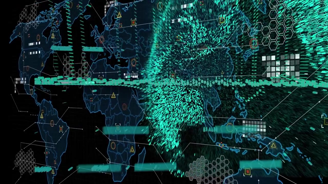 Animation of data processing with globe over world map on black background