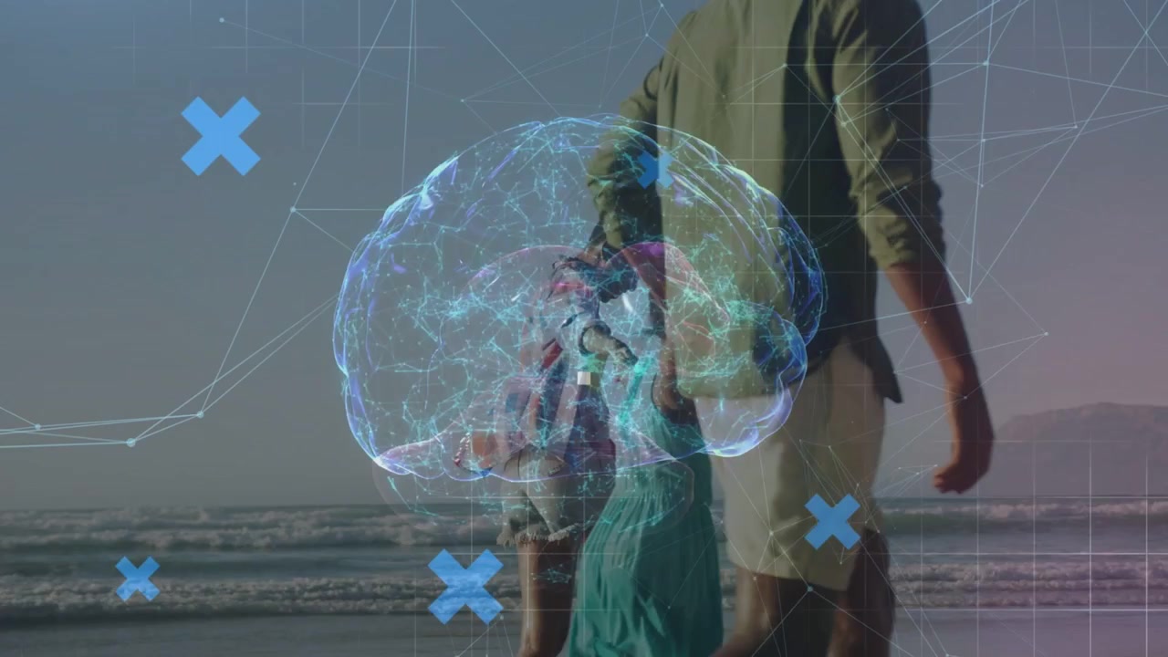 Couple walking child on shore, child being lifted causing blue X brain overlay showing tech network