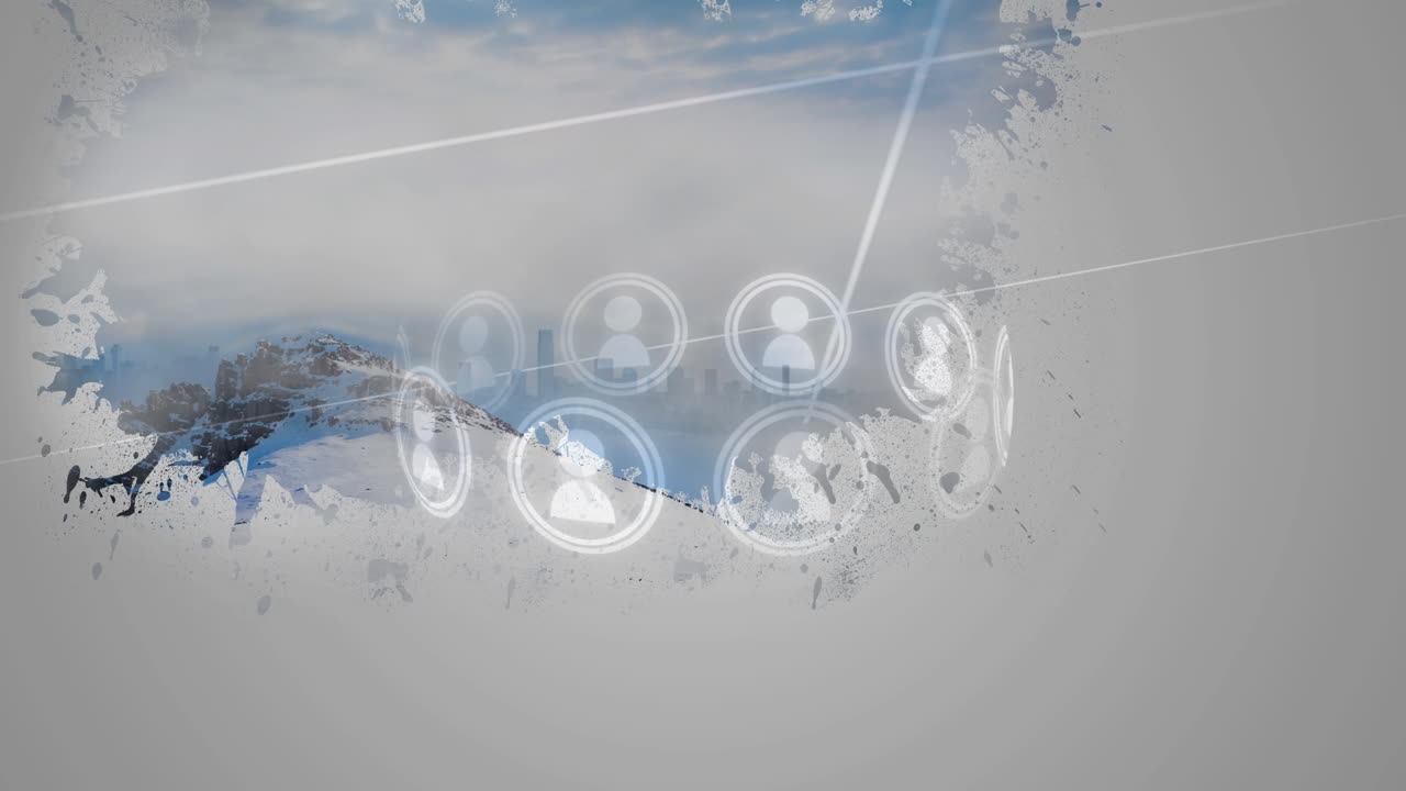 varios iconos de perfil girando contra la mancha de pintura azul en un fondo gris