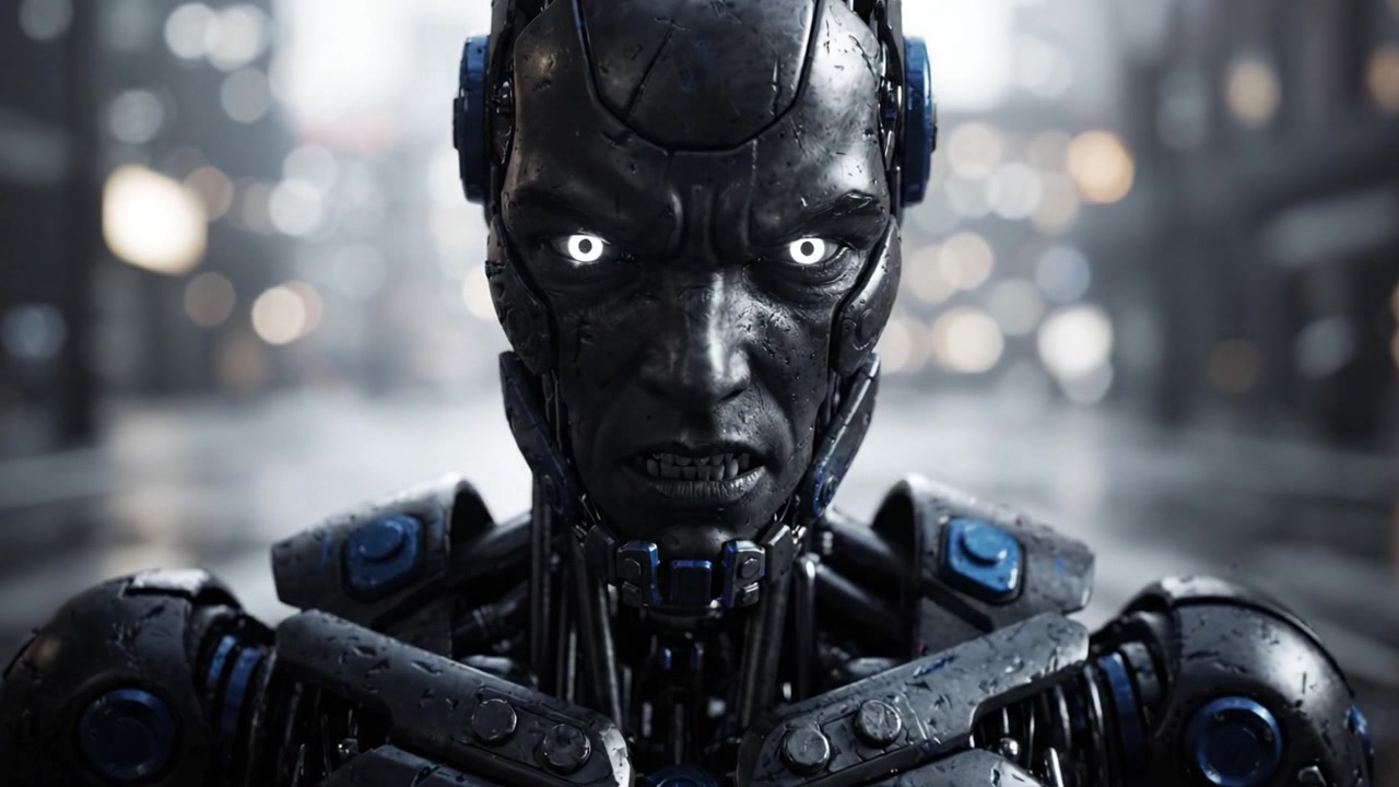 En ensom, futuristisk robot står i et regnvådt bymiljø, udstråler en truende aura med glødende øjne, der symboliserer sammenstødet mellem teknologi og menneskehed.