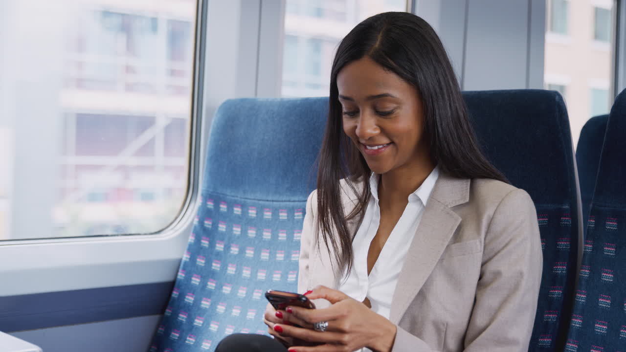 Forretningskvinde sidder i tog og pendler til arbejde, mens hun bruger sin mobiltelefon