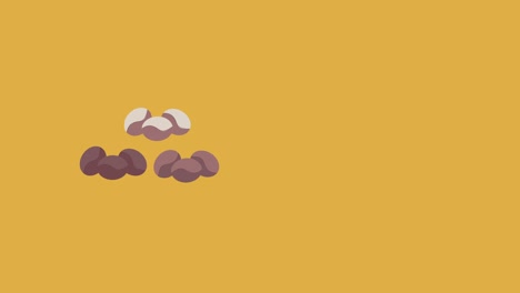video en 4k de dibujos animados de tres granos de café aislados sobre un fondo naranja.