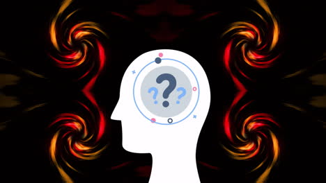 animation of question marks with circles in human head over dynamic spiral patterns