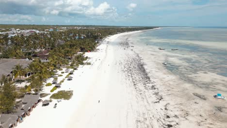 Aerial-view-of-sea-waves,-umbrellas,-palm-trees-and-walking-people-on-sandy-beach-at-sunset