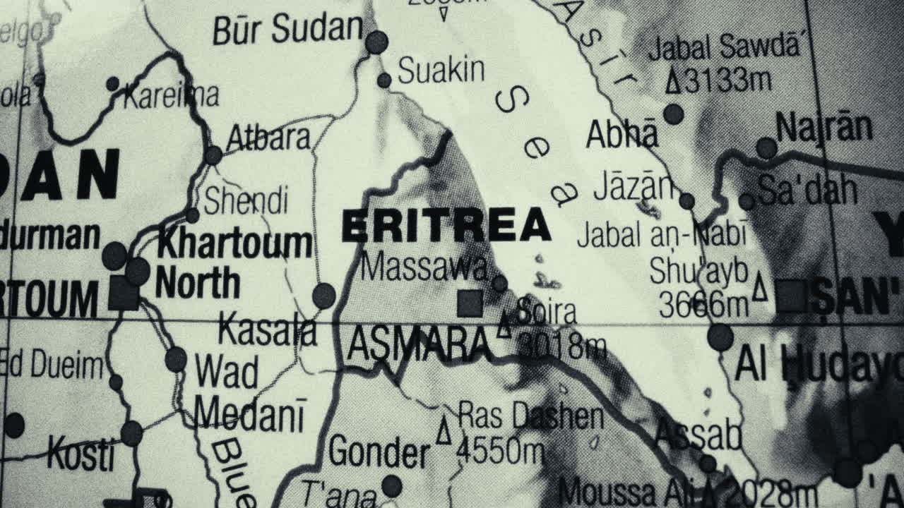 Close-up of a map showing Eritrea and surrounding countries in Northeast Africa