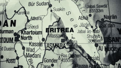 close-up of a map showing eritrea and surrounding countries in northeast africa
