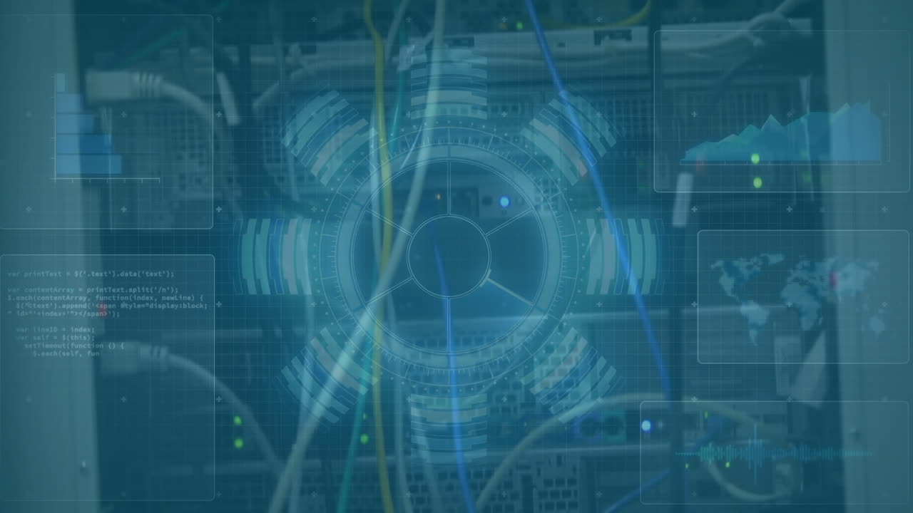 Animation of scopes scanning and data processing on screens over computer server