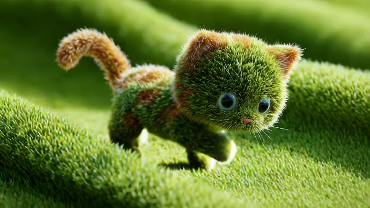 Adorable Green Fuzzy Cat Figurine Playfully Running on a Soft, Lush Green Surface, Capturing the Essence of Whimsy and Playfulness in a Vibrant and Lively Scene