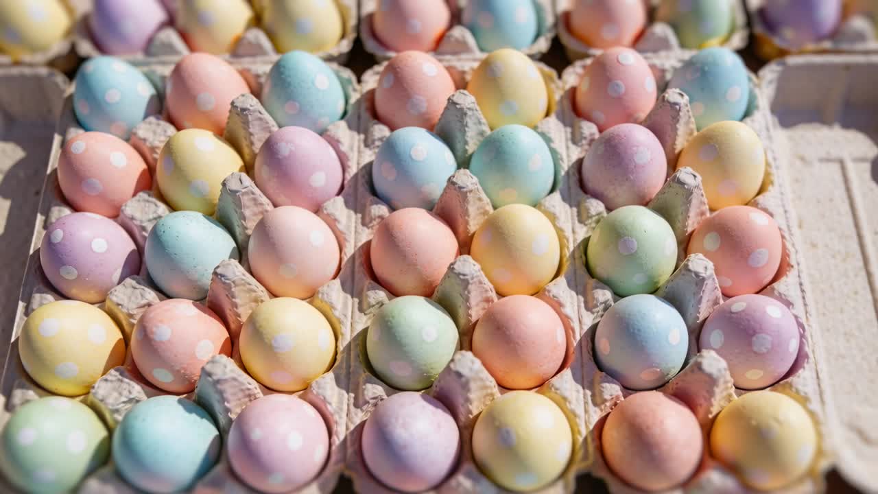 Pulling camera revealing pastel eggs in cardboard cartons on table, showing pattern and polka dots