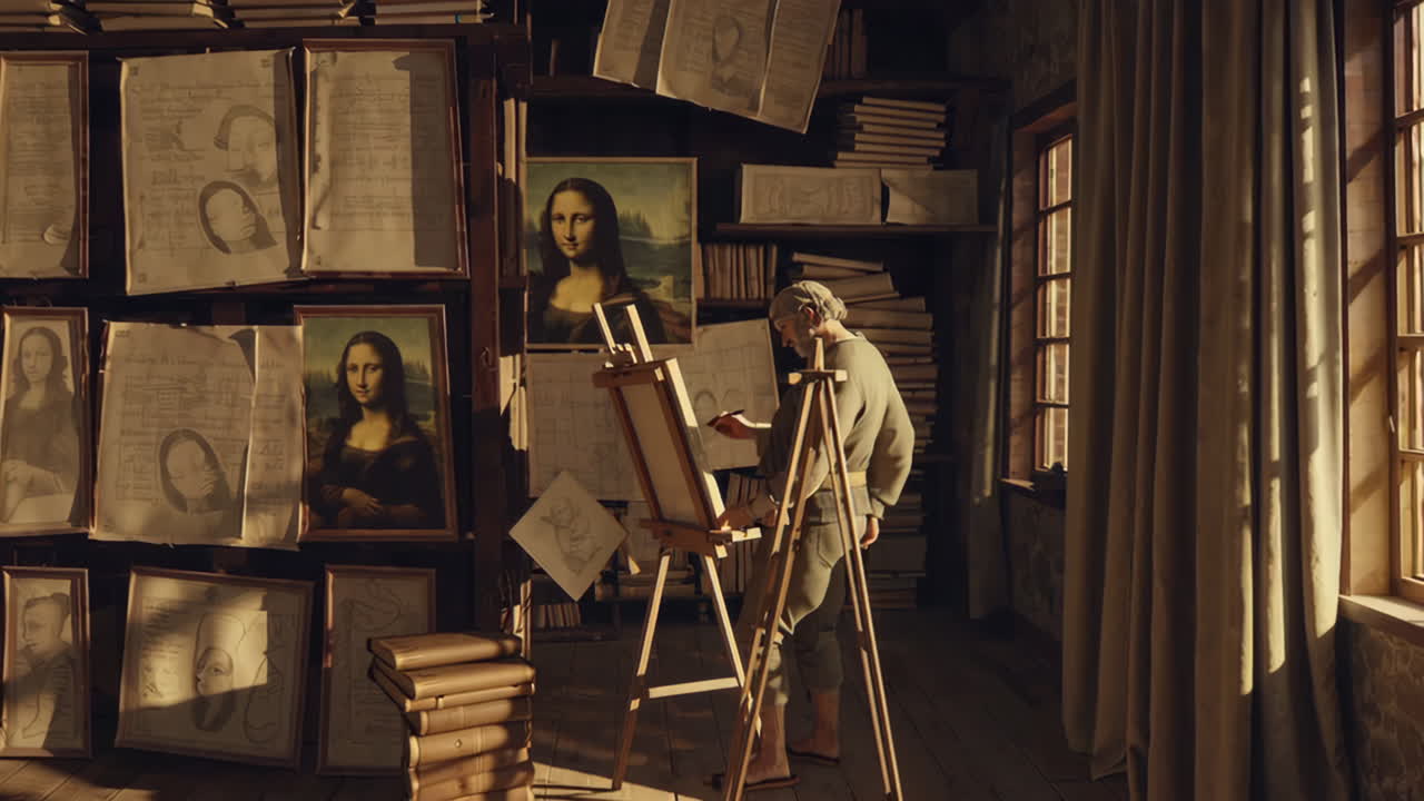 Old Artist Painting in a Renaissance Style Studio