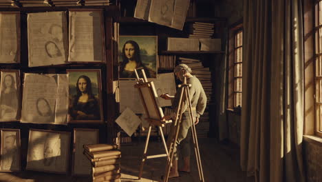 old artist painting in a renaissance style studio