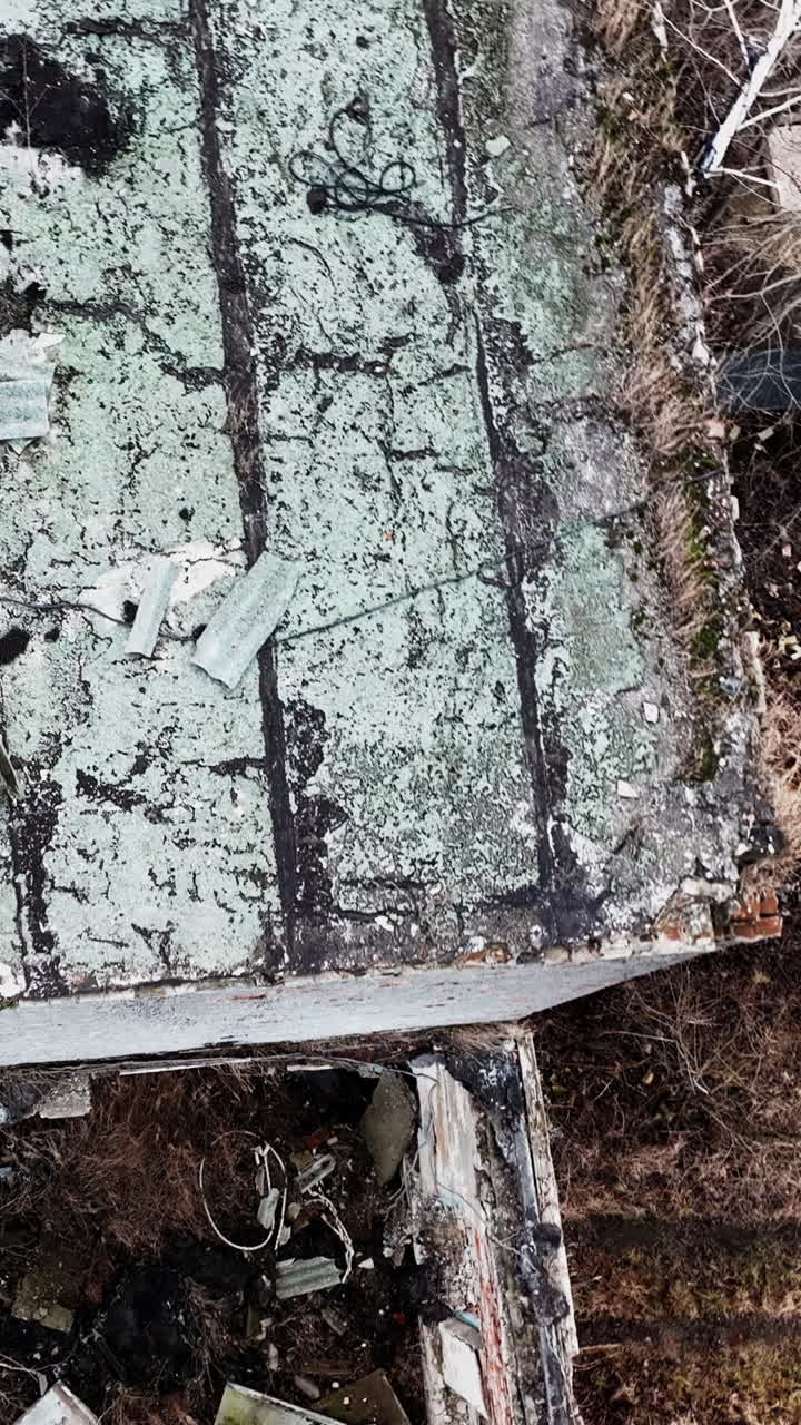 Remnants of the damaged factory building. Destroyed industrial premises overgrown with trees. Aerial view. Vertical video