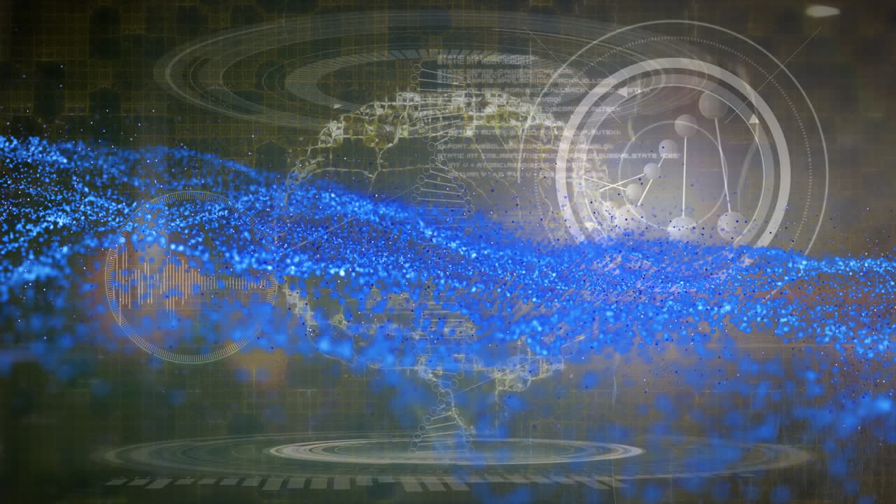 dna 가닥 위의 파란 반점과 디지털 뇌의 애니메이션