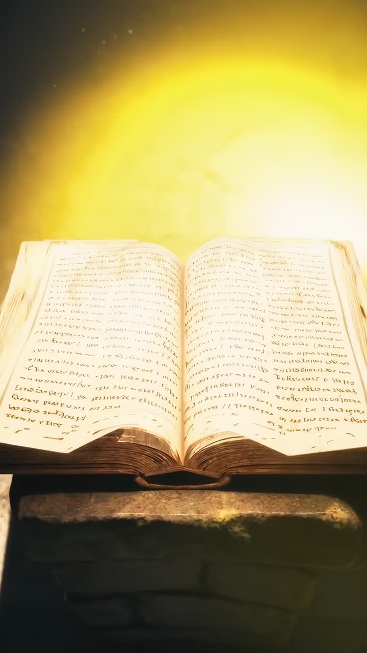 Drammatica inquadratura dal basso di un libro aperto su un piedistallo, illuminato da un riflettore, come una scena video mistica