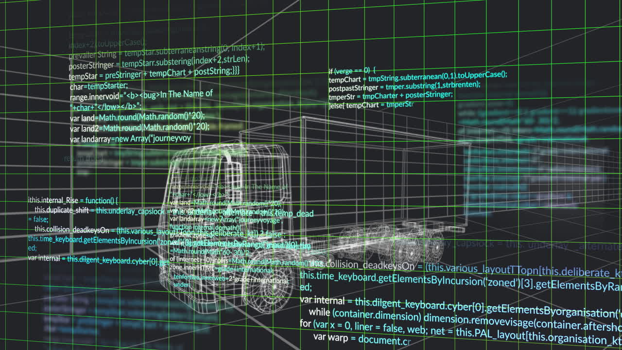 Truck wireframe with programming code overlay on digital grid background animation