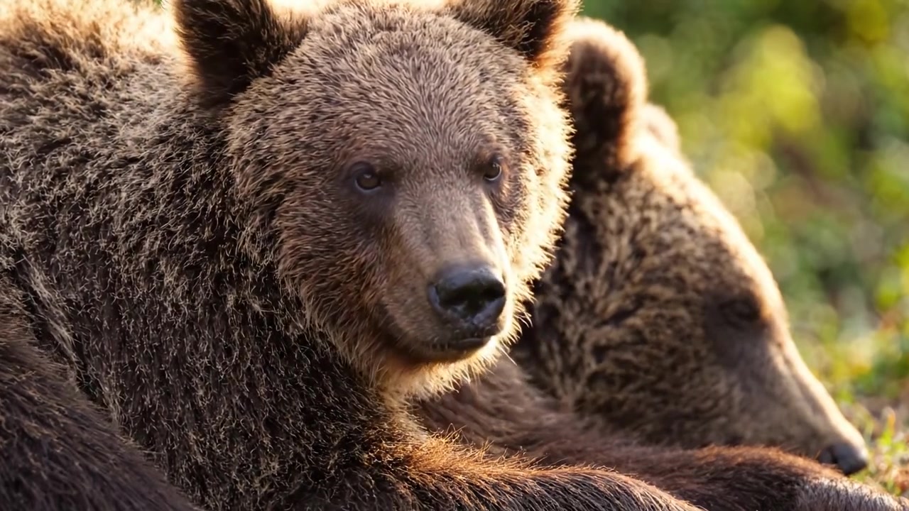 Due orsi bruni che riposano insieme in un ambiente naturale sereno, catturando il loro stretto legame e la bellezza della fauna selvatica in un momento di pace.