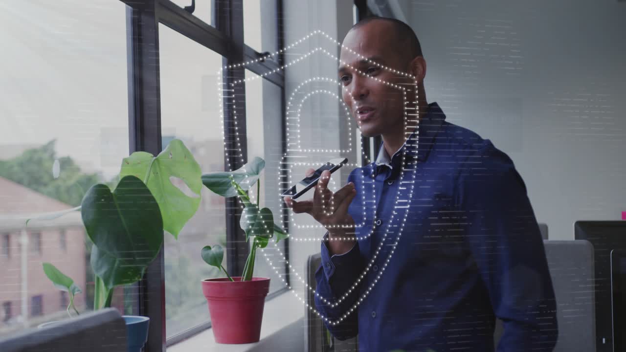 Man speaking into cell by window starting shield overlay aligning over phone securing call for tech