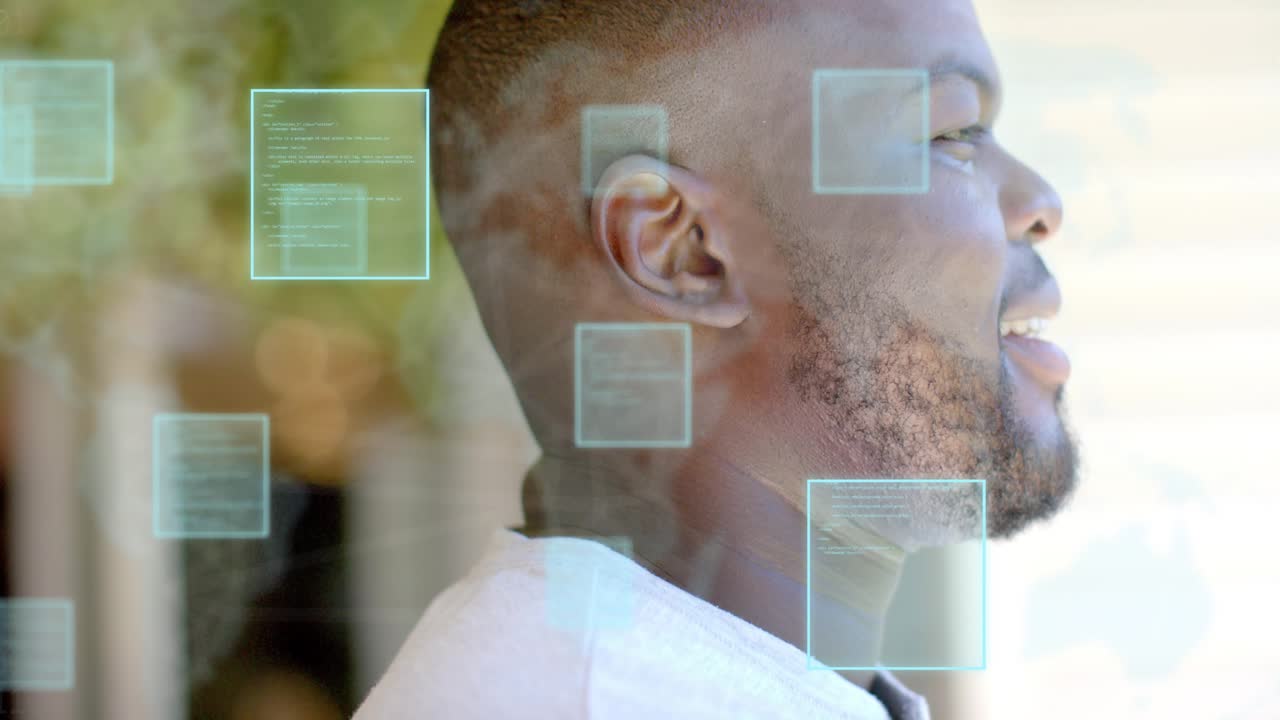 Man turning to camera after teal UI squares appear and align near cheek, smiling, promoting tech