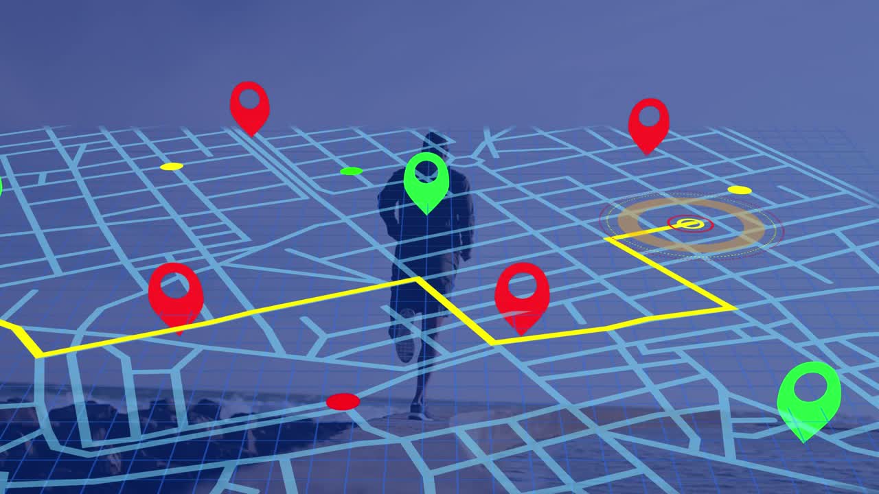 navegador pin sobre navegación esquema de línea de mapa contra afroamericano hombre en forma corriendo en la playa