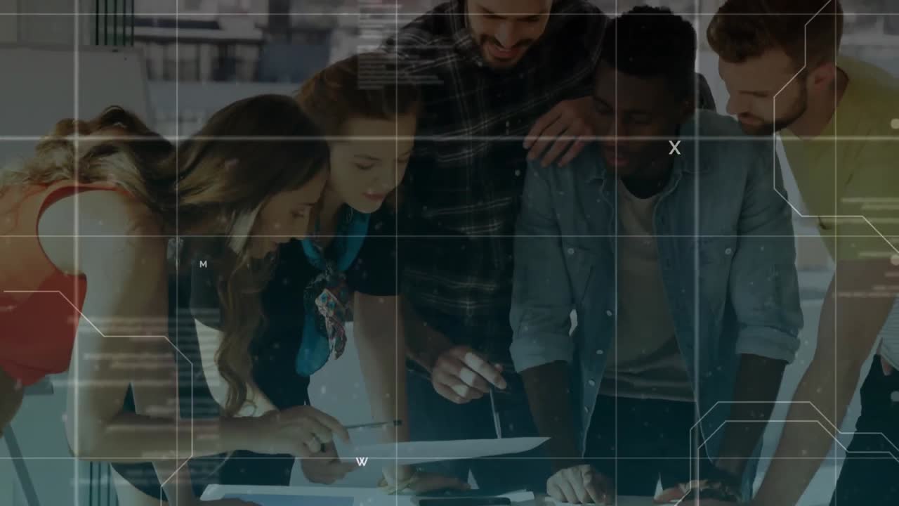 Data processing over grid lines against people working in office