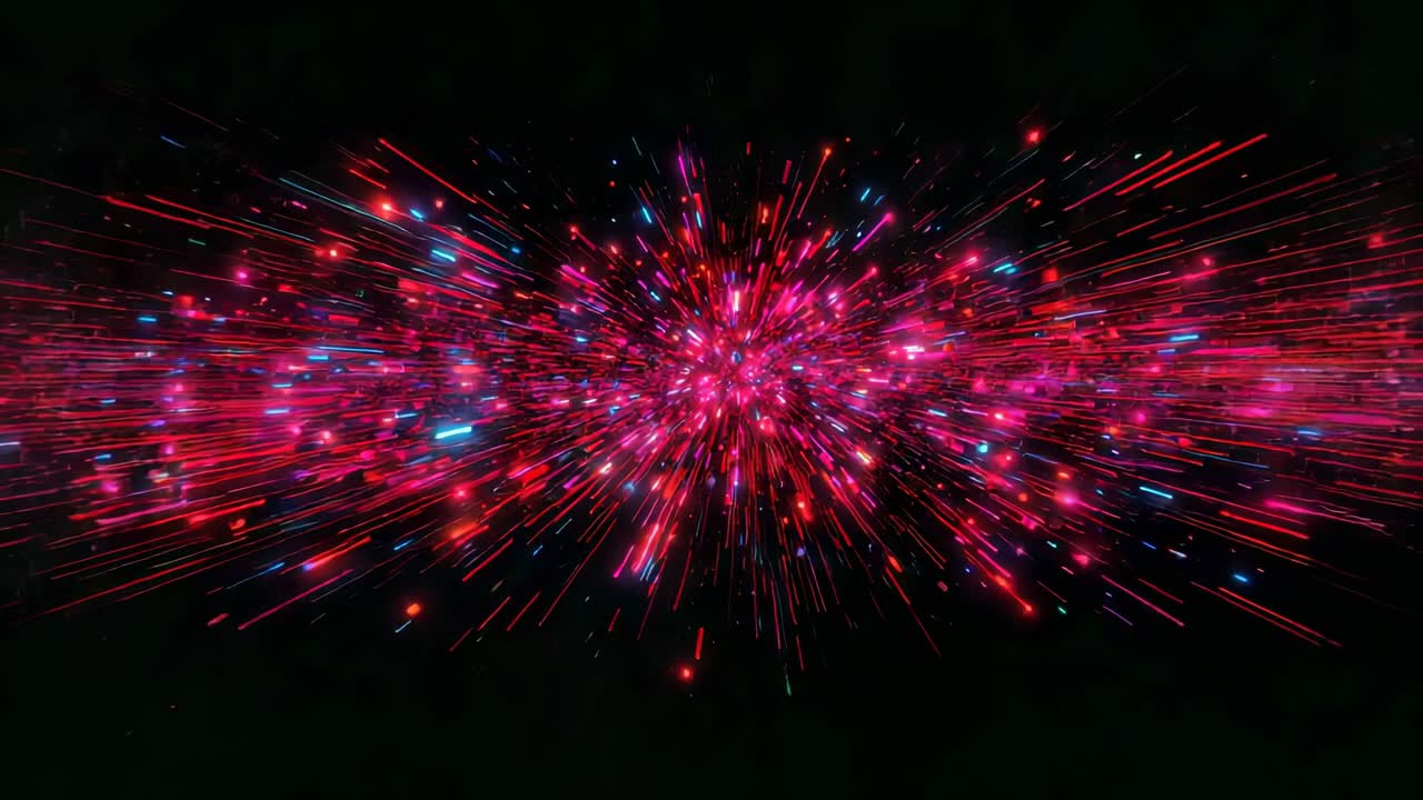 Appearing core of colorful lights accelerating through deep space, creating neon beam tunnels