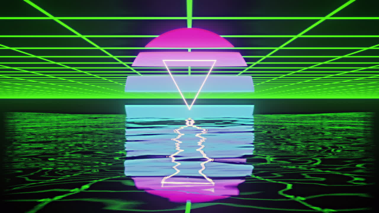 animación de un triángulo blanco sobre un círculo de color rosa a azul brillante sobre una cuadrícula verde reflejada en el agua