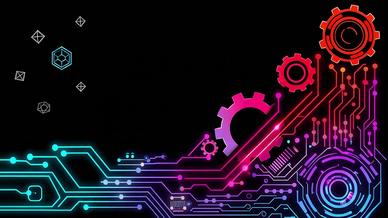 Dynamic Neon Circuit Board Animation with Gears on Black Background