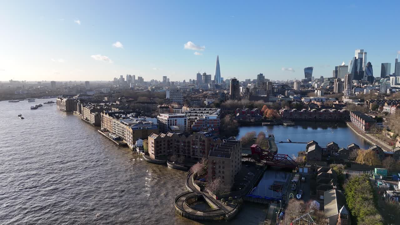 Shadwell Basin East London UK sunny day drone,aerial city skyline
