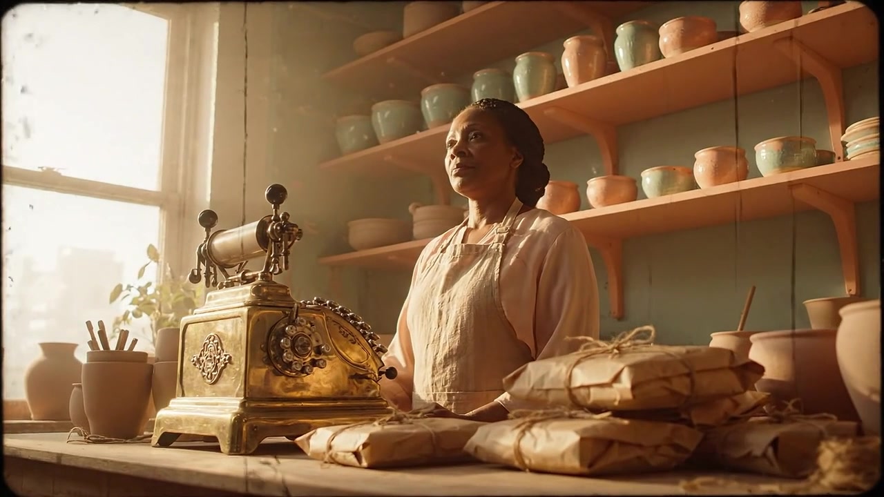 Una donna si trova in un laboratorio illuminato caldamente, circondata da ceramiche, mentre usa una macchina da scrivere antica per creare un messaggio scritto a mano, catturando un momento di arte e creatività.