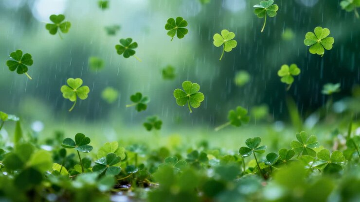 Falling rain sending detached clover leaves descending over low clover patch, creating wet sheen