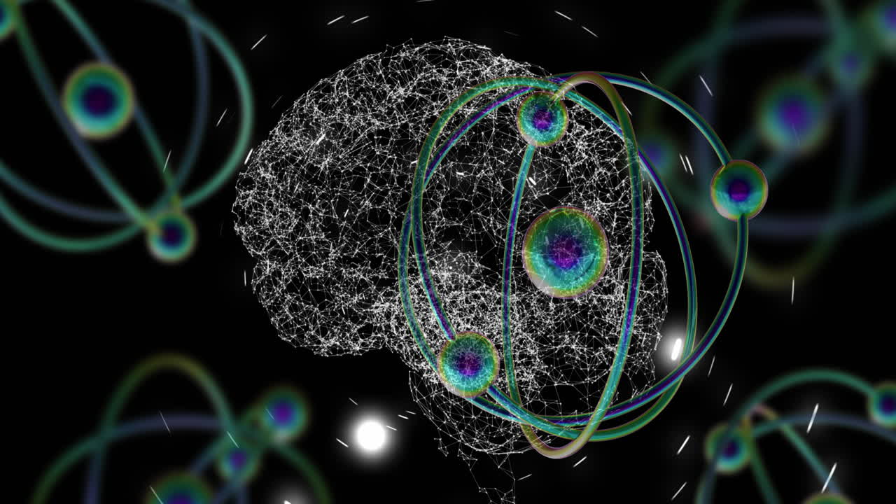 animación de micro 3d de moléculas y cerebro humano en fondo negro