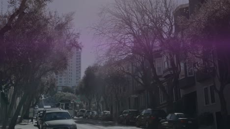 animation of trading board, graph, light over tram moving on street amidst parked cars in city